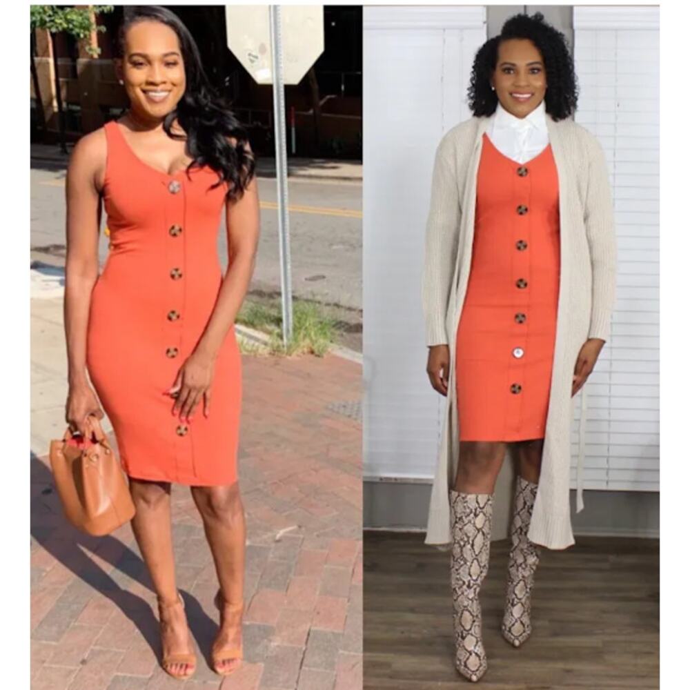 No Boundaries, Burnt orange bodycon tank dress button accent, M(7-9) flirty bold